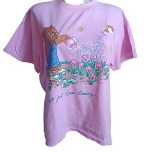 Medium Women's Vintage T-shirt Basic Editions Pink Bear & Flowers Granny 1990's